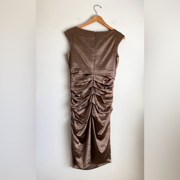 JAX Brown Gold Shimmer Ruched Draped Formal Retro Vtg Dress Y2K Metallic Satin 8 - Picture 7 of 11